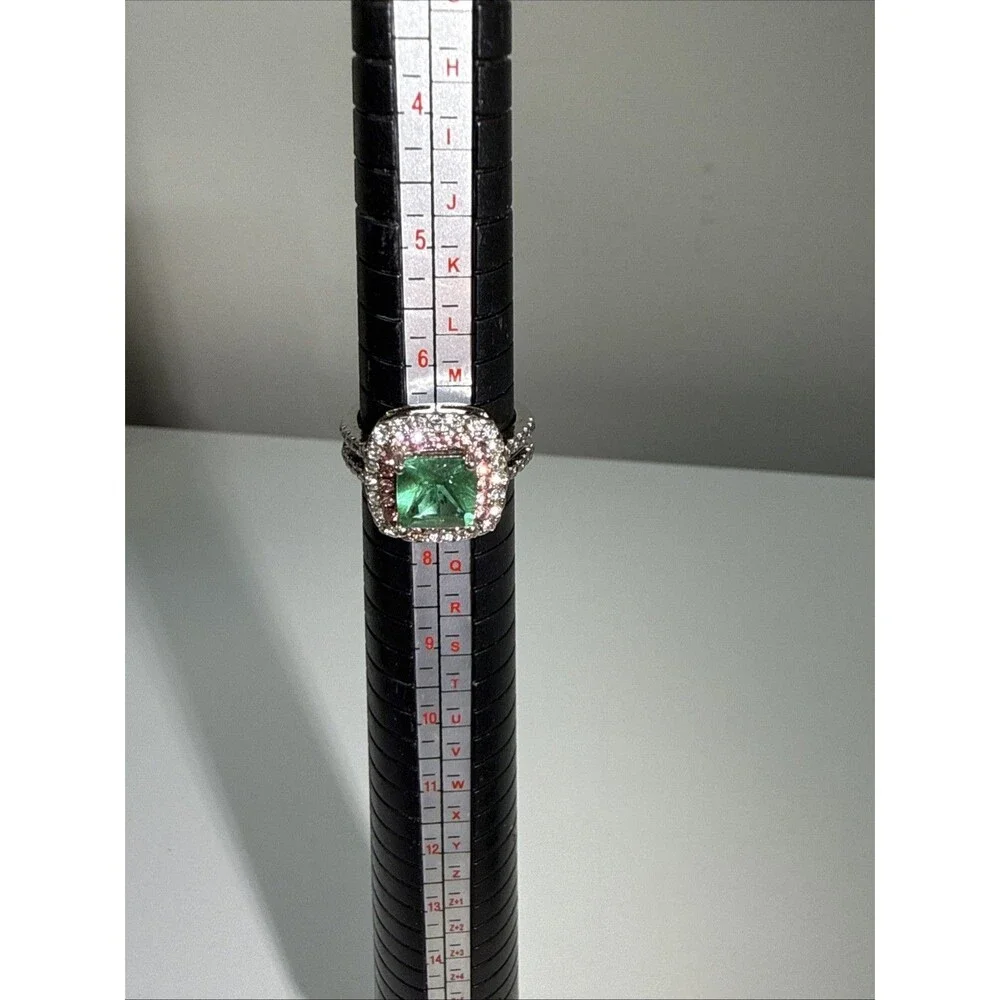 S925 Sterling Silver Emerald Green Halo Statement Ring Pink Clear Size 7
